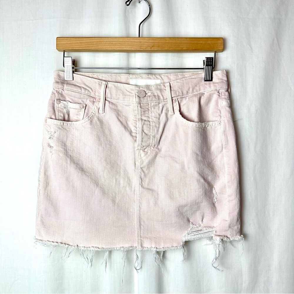 MOTHER The Vagabond Mini Fray Denim Skirt Soft Pink Distressed Raw Hem Size 25